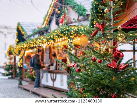 Christmas Market at Opernpalais at Mitte in Winter Berlin, Germany. Advent Fair Decoration and Stalls with Crafts Items on the Bazaar.