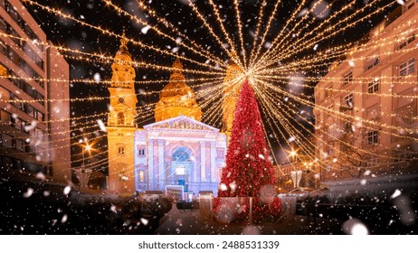 Christmas market at Saint Stephen Basilica in Budapest, with festive lights and holiday charm,  Hungary - Powered by Shutterstock