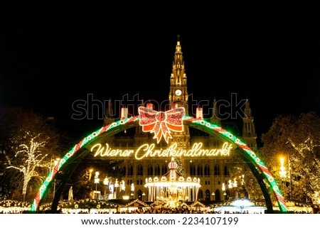 Christmas market at the Vienna City Hall in Austria. Christmas decorations and lights of the city of Vienna.