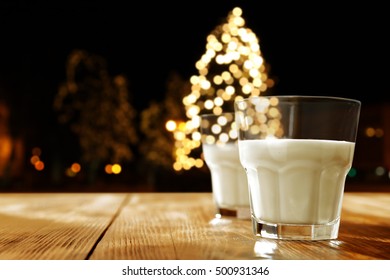 Christmas Milk Glasses And Xmas Tree Background 