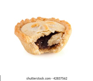 Christmas Mince Pie With A Bite Mark On A White Background