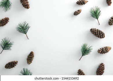 Christmas Minimal Concept - Pattern With Pinecone And Pine Branch On White Background. Horizontal Mockup With Copy Space, Design For Any Purposes.. Winter Christmas Holiday Background. Flatlay Pattern