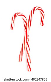 Christmas Mint Hard Candy Cane Striped Isolated On A White Background. Christmas Candy Closeup. Red And White Colours
