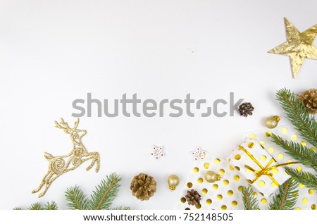 Christmas mockup flat lay styled scene with christmas tree, deer, golden star and decorations. Copy space flatly