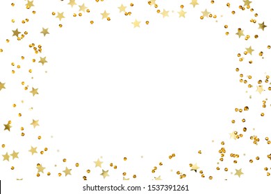 Christmas Modern Composition. Golden Decorations, Confetti On White Background. Flat Lay, Top View, Copy Space