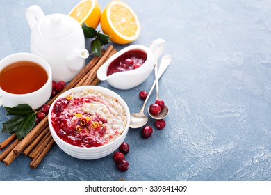 Christmas Morning Breakfast Oatmeal With Cranberry Sauce And Orange