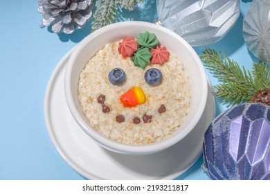 Christmas Morning Breakfast - Oatmeal Porridge Decorated Like A Snowman, Festive Food For Children  Idea