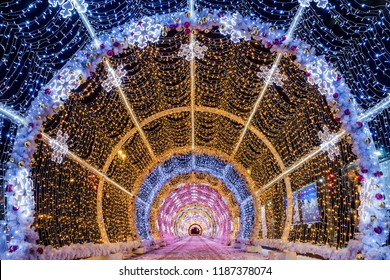 Christmas In Moscow. Light Tunnel On Tverskoy Boulevard