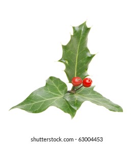 Christmas Motif Of Holly With Ripe Red Berries And Ivy Leaves