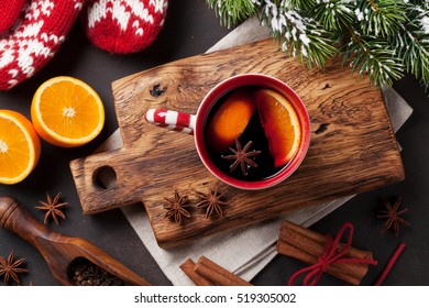 Christmas Mulled Wine And Ingredients. Top View 