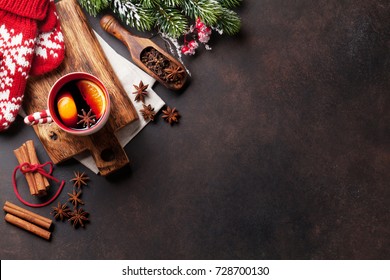 Christmas Mulled Wine And Ingredients. Top View With Copyspace