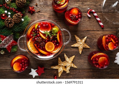 Christmas Mulled Wine Punch. Festive Red Hot Toddy Cocktail, Drink With Cranberries And Citrus Fruits