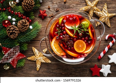 Christmas Mulled Wine Punch. Festive Red Hot Toddy Cocktail, Drink With Cranberries And Citrus Fruits