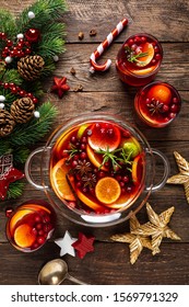 Christmas Mulled Wine Punch. Festive Red Hot Toddy Cocktail, Drink With Cranberries And Citrus Fruits