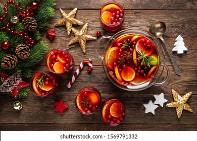 Christmas Mulled Wine Punch. Festive Red Hot Toddy Cocktail, Drink With Cranberries And Citrus Fruits