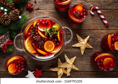 Christmas Mulled Wine Punch. Festive Red Hot Toddy Cocktail, Drink With Cranberries And Citrus Fruits