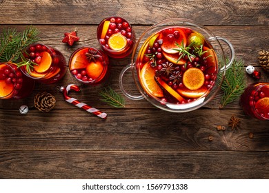 Christmas Mulled Wine Punch. Festive Red Hot Toddy Cocktail, Drink With Cranberries And Citrus Fruits