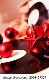 Christmas Music With Festive Party Decorations On Record Player