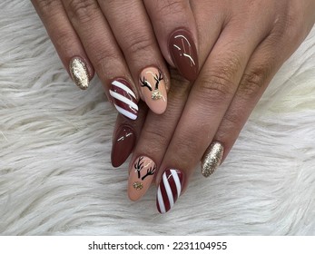 christmas nail art, almond acrylic nails shape gel polish