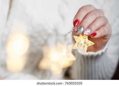 Christmas Nail Art Manicure. Winter Holiday Style Bright Manicure With Dots