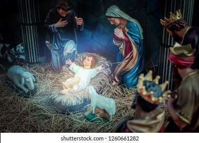 A Christmas Nativity Scene, With Baby Jesus.