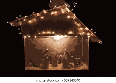 Christmas Nativity Scene Depicting The Birth Of Jesus Christ Decorated With Lights At Night, Photo Illustration Paint By Number Filter Effect.