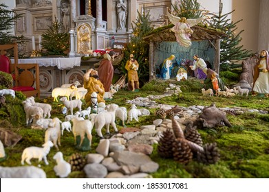 Christmas Nativity Scene In Local Church Made With Great Care And Devotion.