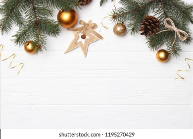 Christmas Or New Year Accessories On Wooden Background Top View. Holidays, Gifts, Background, Place For Text. Flatlay