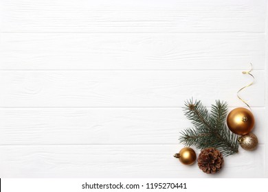 Christmas Or New Year Accessories On Wooden Background Top View. Holidays, Gifts, Background, Place For Text. Flatlay