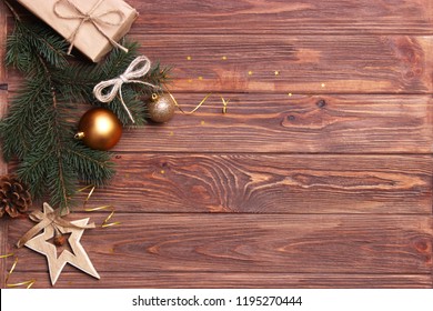 Christmas Or New Year Accessories On Wooden Background Top View. Holidays, Gifts, Background, Place For Text. Flatlay