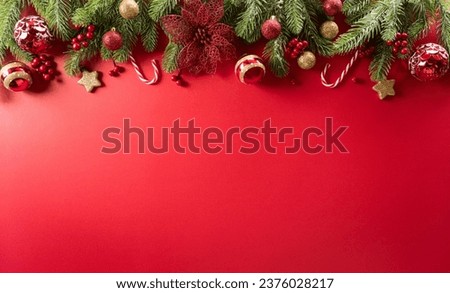 Christmas and new year background concept. Top view of Christmas decoration made from snowflake, christmas ball on red background.