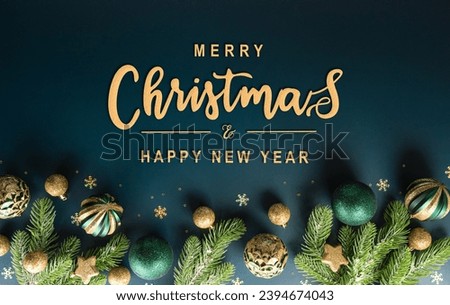 Christmas and new year background concept. Top view of Christmas ball, christmas brance, star and snowflake on dark background.