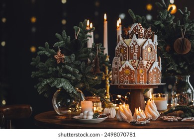 Christmas and New Year beautiful elegant family dinner table setting decorated with candles, fir tree branches, handmade craft toys. Gorgeous big homemade cake with gingerbread houses as centrepiece - Powered by Shutterstock