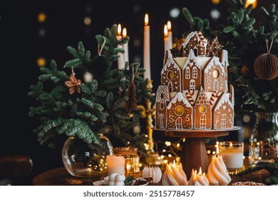 Christmas and New Year beautiful elegant family dinner table setting decorated with candles, fir tree branches, handmade craft toys. Gorgeous big homemade cake with gingerbread houses as centrepiece. - Powered by Shutterstock