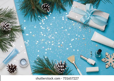 Christmas, New Year Blue Beauty Flat Lay Frame. Cosmetics Top View Composition
