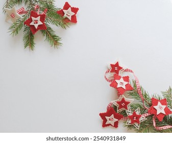 Christmas, New Year concept. Fir branches, white and red New Year's decor on a white wooden background. Place for text, copy, postcard, background - Powered by Shutterstock