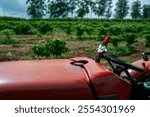 Christmas and New Year concept. Santa Claus is working on a tractor in farming.