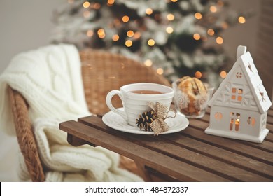 Christmas Or New Year Decoration On Modern Wooden Coffee Table.  Living Room Interior And Holiday Home Decor Concept. Toned Picture