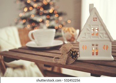 Christmas Or New Year Decoration On Modern Wooden Coffee Table. Living Room Interior And Holiday Home Decor Concept. Toned Picture