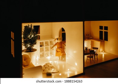 Christmas And New Year In Doll House Interior Miniature In Children Room