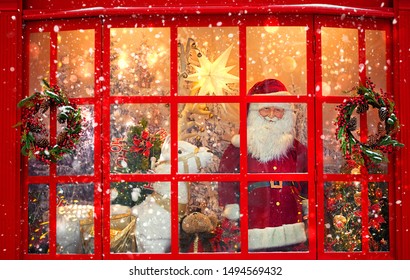 Christmas and New Year holiday background. Santa Claus or St. Nicholas in festive window, traditional decoration christmas house. winter season. copy space