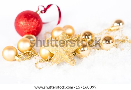 Similar – Image, Stock Photo Golden Christmas ornaments on snow background