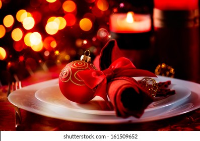 Christmas And New Year Holiday Table Setting. Celebration. Place Setting For Christmas Dinner. Holiday Decorations. Decor.