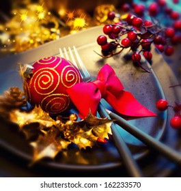 Christmas And New Year Holiday Table Setting. Celebration. Place Setting For Christmas Dinner. Holiday Decorations. Decor. 