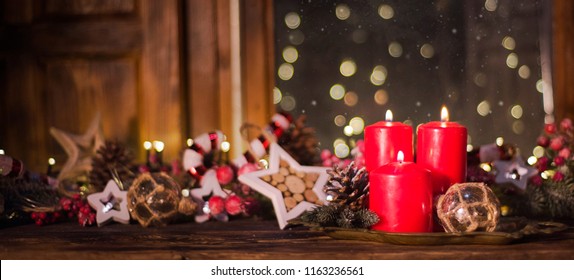 Christmas and New Year holidays background, Atmospheric Christmas window sill decoration with home cozy interior. 