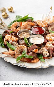 Christmas Or New Year Party Appetizer, Shrimp And Steak With Dipping Sauces