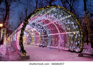 Christmas Night Moscow. The Light Tunnel On Tverskoy Boulevard