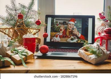 Christmas Online Holiday Remote Celebration X Mas New Year In Lockdown Coronavirus Quarantine Covid 19 New Normal,social Distance, Remote Communication, Stay Home Vocation,Christmas Party Online