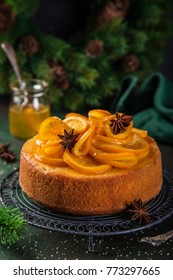 Christmas Orange Polenta And Almond  Cake Decorated With Candied Orange Slices, Selective Focus