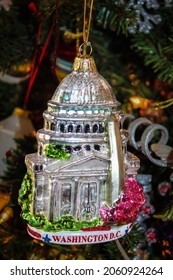 Christmas Ornament Of Capitol Building In Washington DC Hanging On Old Fashioned Christmas Tree